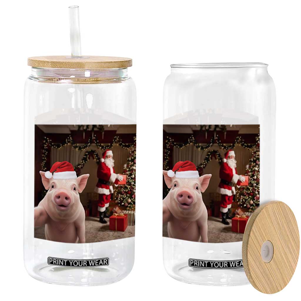Funny Christmas Pig Selfie With Santa Gift Glass Can TS12 Print Your Wear