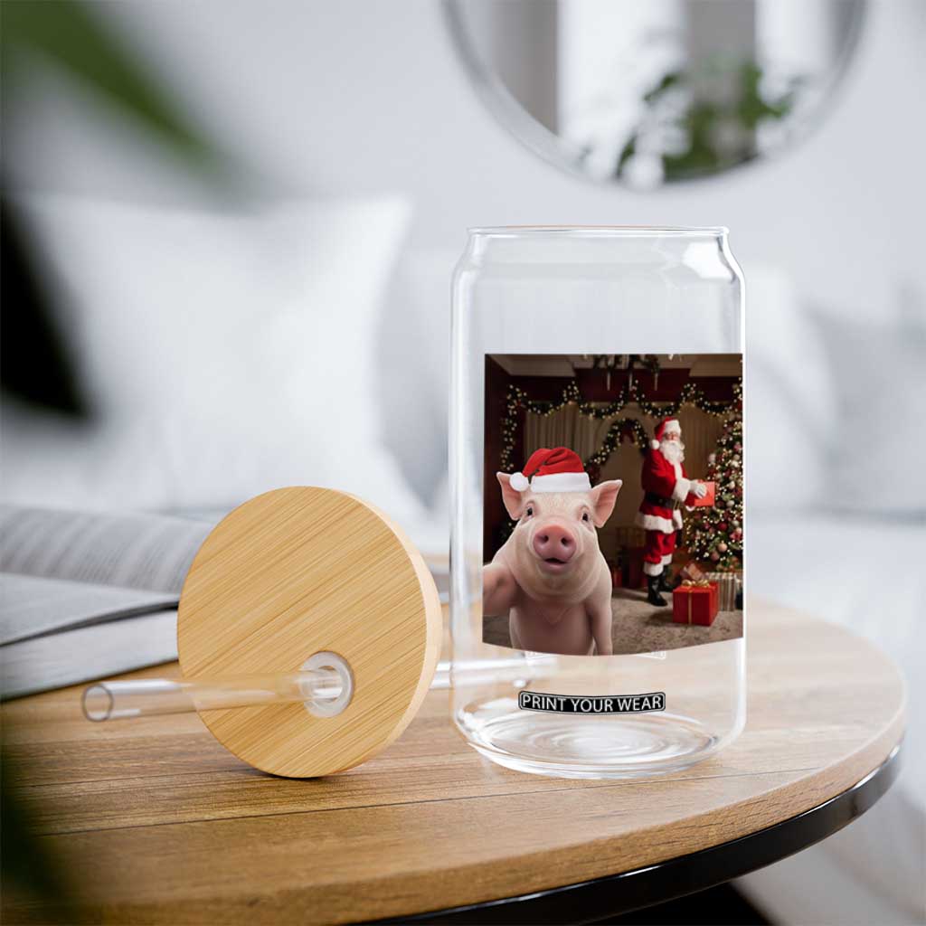 Funny Christmas Pig Selfie With Santa Gift Glass Can TS12 Print Your Wear