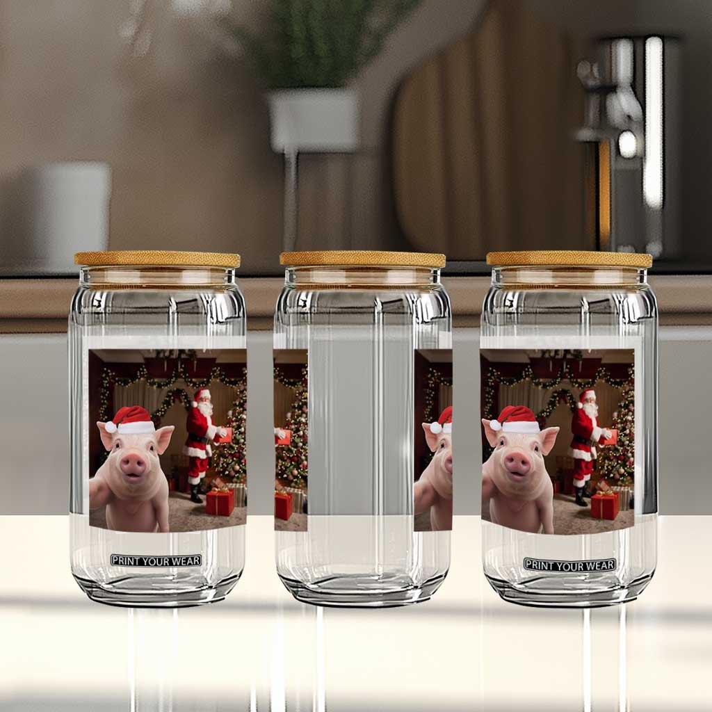 Funny Christmas Pig Selfie With Santa Gift Glass Can TS12 Print Your Wear