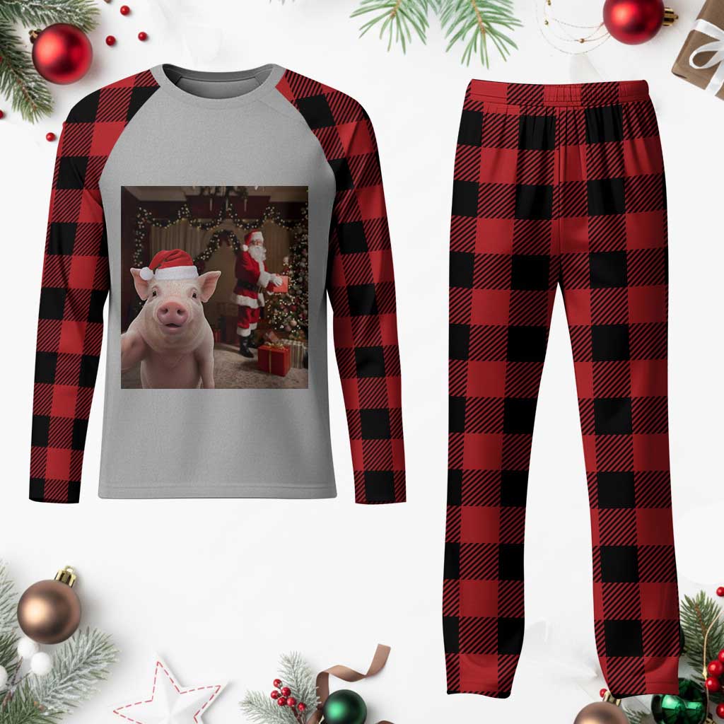Funny Christmas Pig Selfie With Santa Gift Plaid Pajama Set TS12 Buffalo Plaid Print Your Wear