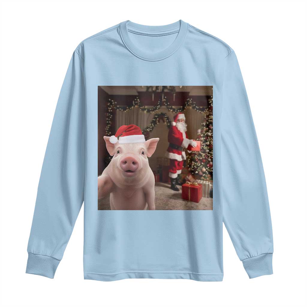 Funny Christmas Pig Selfie With Santa Gift Long Sleeve Shirt TS12 Light Blue Print Your Wear