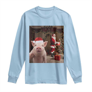 Funny Christmas Pig Selfie With Santa Gift Long Sleeve Shirt TS12 Light Blue Print Your Wear