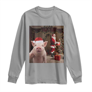 Funny Christmas Pig Selfie With Santa Gift Long Sleeve Shirt TS12 Sport Gray Print Your Wear