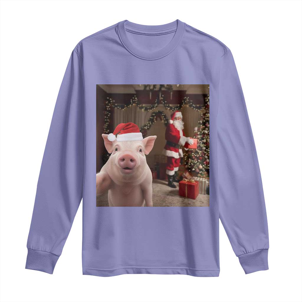 Funny Christmas Pig Selfie With Santa Gift Long Sleeve Shirt TS12 Violet Print Your Wear