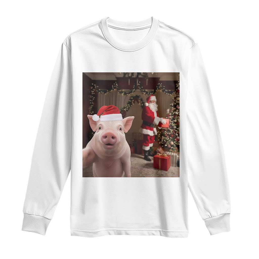 Funny Christmas Pig Selfie With Santa Gift Long Sleeve Shirt TS12 White Print Your Wear
