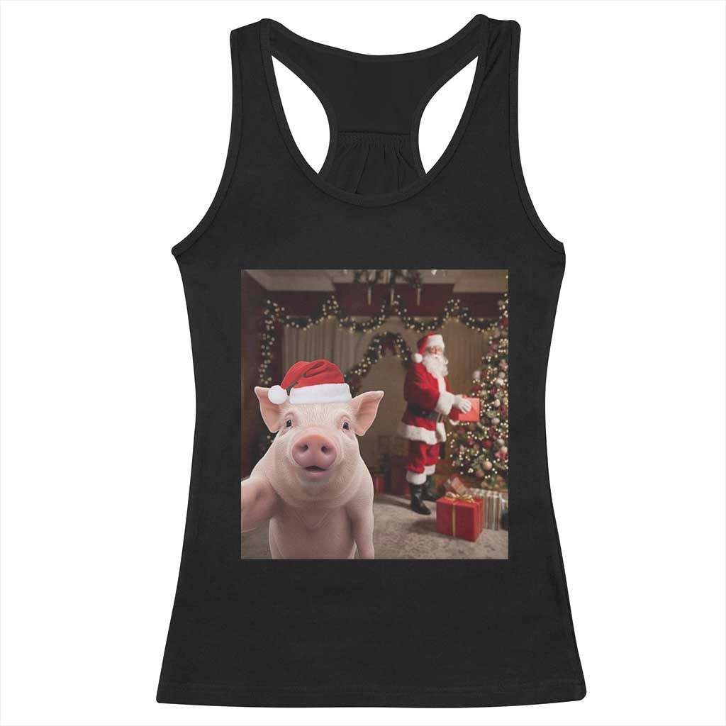 Funny Christmas Pig Selfie With Santa Gift Racerback Tank Top TS12 Black Print Your Wear