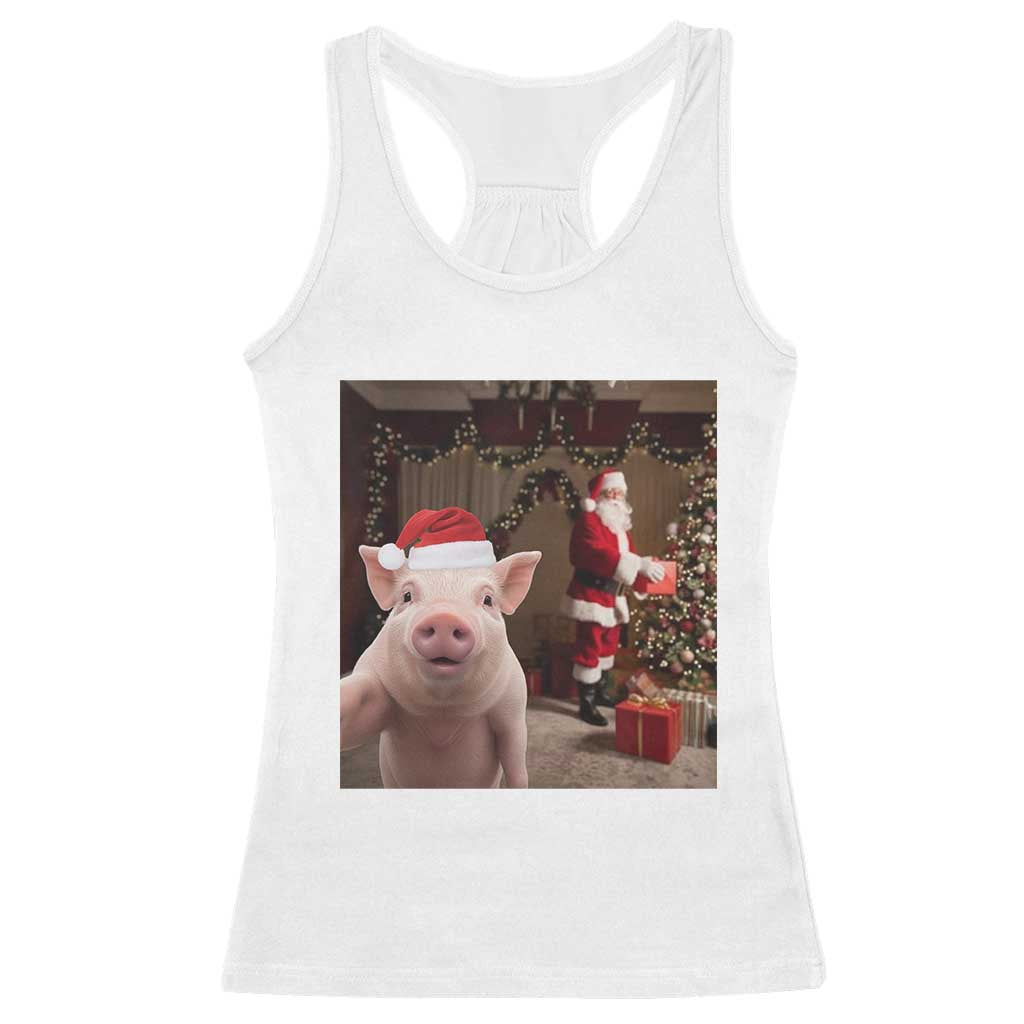 Funny Christmas Pig Selfie With Santa Gift Racerback Tank Top TS12 White Print Your Wear