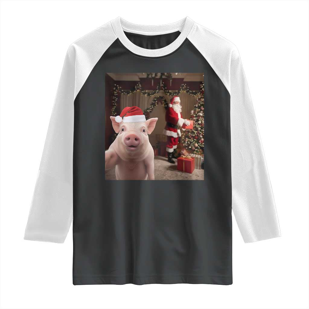 Funny Christmas Pig Selfie With Santa Gift Raglan Shirt TS12 Black White Print Your Wear