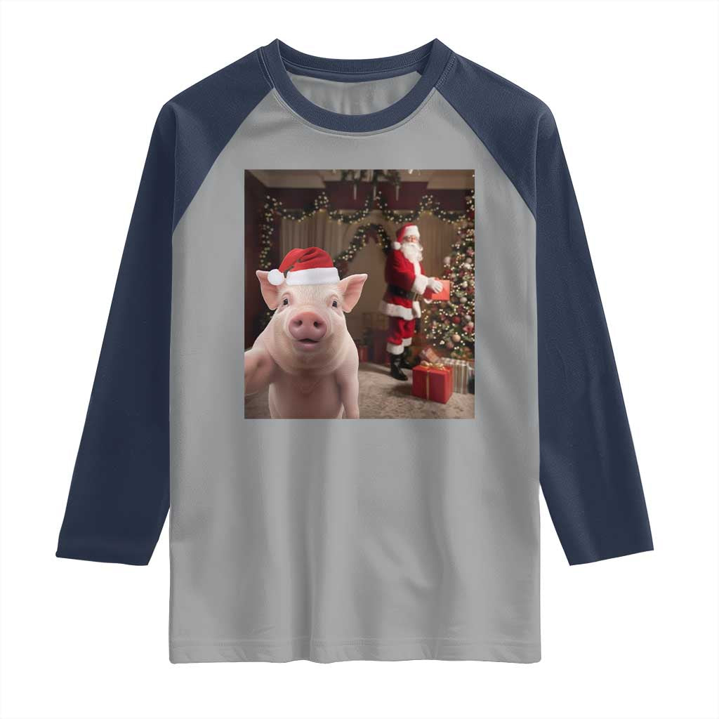 Funny Christmas Pig Selfie With Santa Gift Raglan Shirt TS12 Sport Gray Navy Print Your Wear
