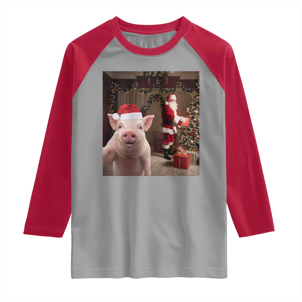 Funny Christmas Pig Selfie With Santa Gift Raglan Shirt TS12 Sport Gray Red Print Your Wear