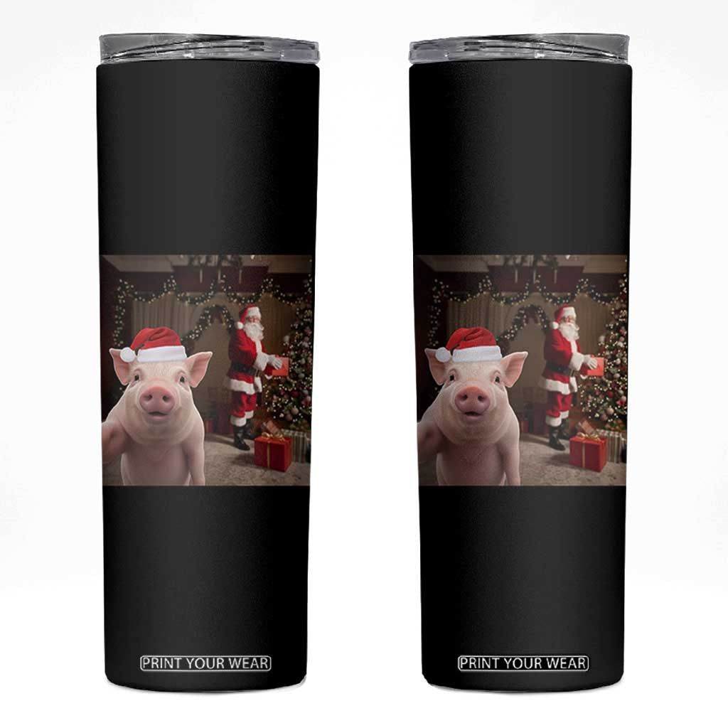 Funny Christmas Pig Selfie With Santa Gift Skinny Tumbler TS12 Black Print Your Wear
