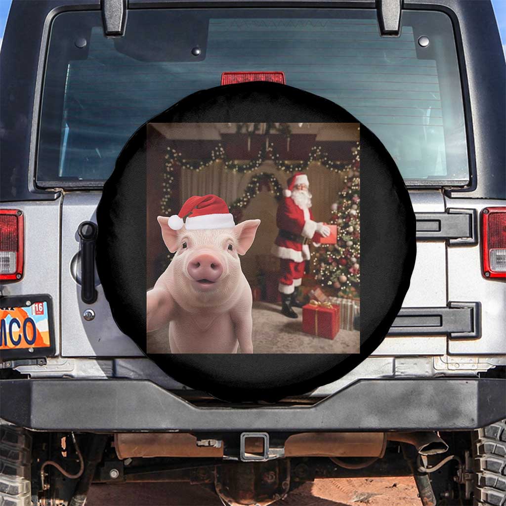Funny Christmas Pig Selfie With Santa Gift Spare Tire Cover TS12 No hole Black Print Your Wear