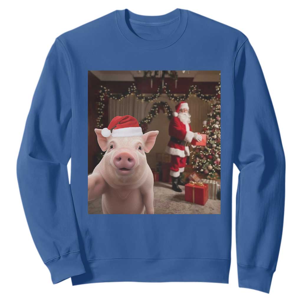 Funny Christmas Pig Selfie With Santa Gift Sweatshirt TS12 Royal Blue Print Your Wear