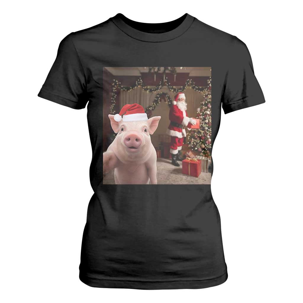 Funny Christmas Pig Selfie With Santa Gift T Shirt For Women TS12 Black Print Your Wear
