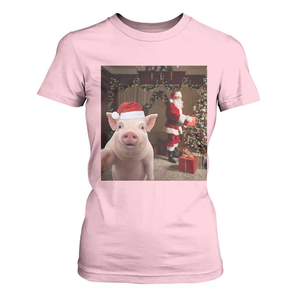 Funny Christmas Pig Selfie With Santa Gift T Shirt For Women TS12 Light Pink Print Your Wear