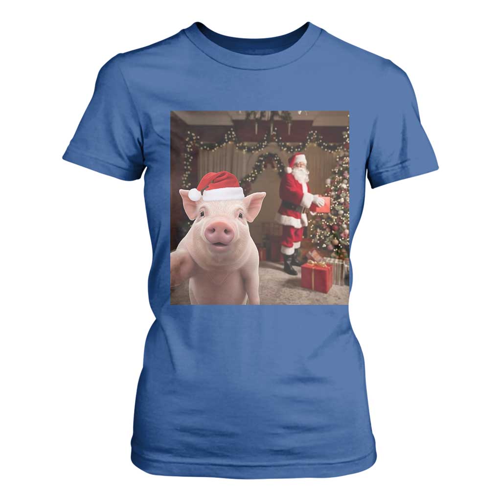 Funny Christmas Pig Selfie With Santa Gift T Shirt For Women TS12 Royal Blue Print Your Wear