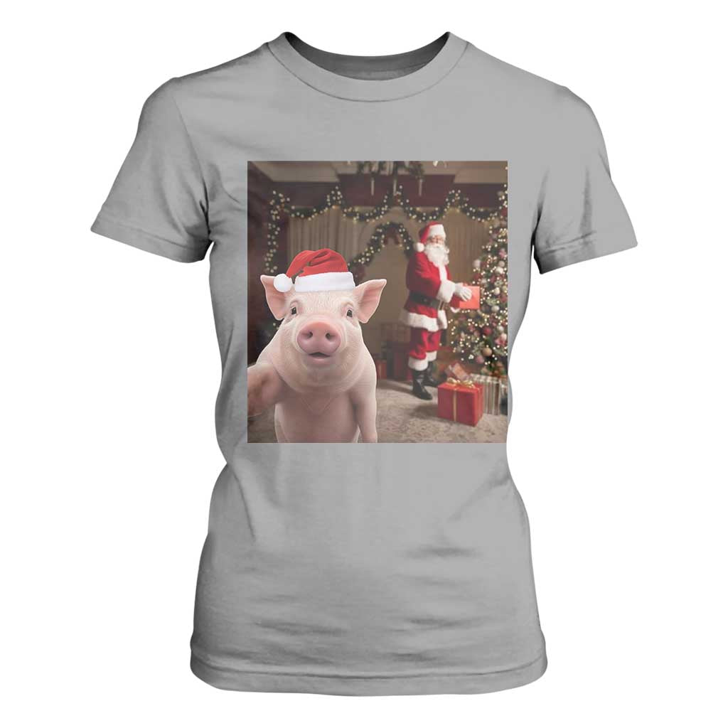 Funny Christmas Pig Selfie With Santa Gift T Shirt For Women TS12 Sport Gray Print Your Wear