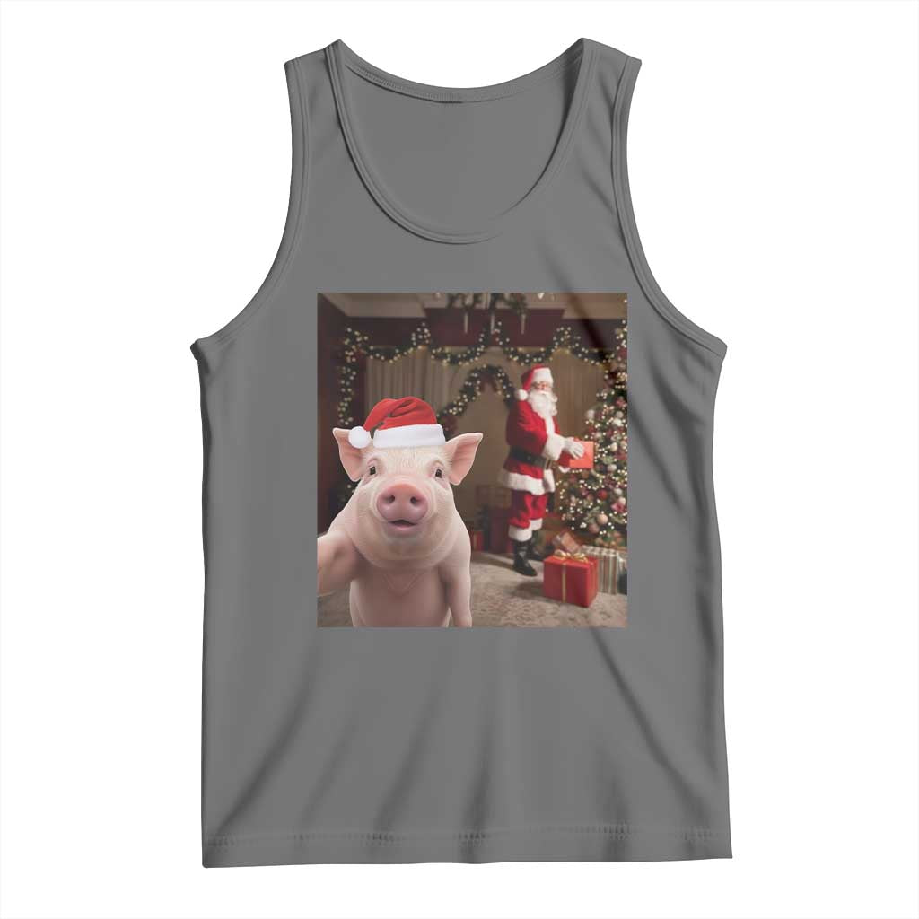Funny Christmas Pig Selfie With Santa Gift Tank Top TS12 Black Heather Print Your Wear
