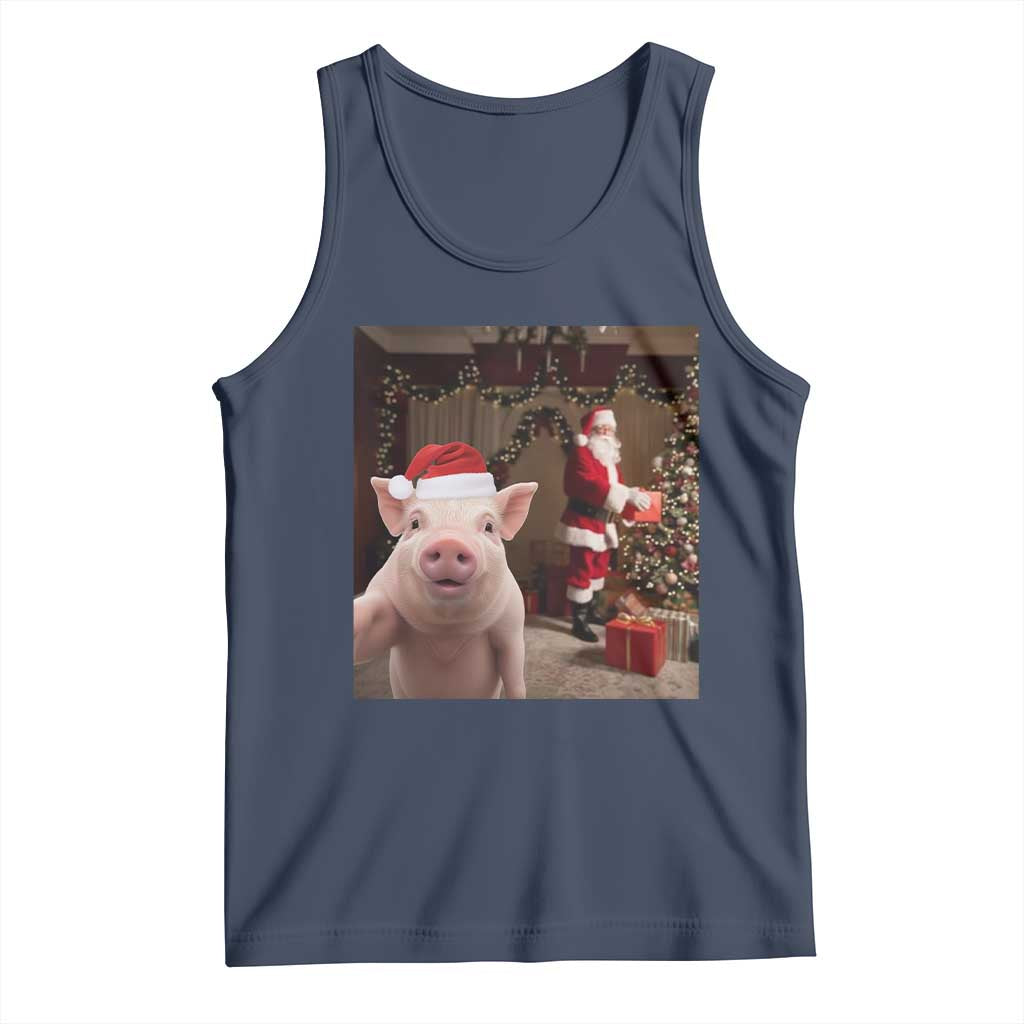 Funny Christmas Pig Selfie With Santa Gift Tank Top TS12 Navy Print Your Wear