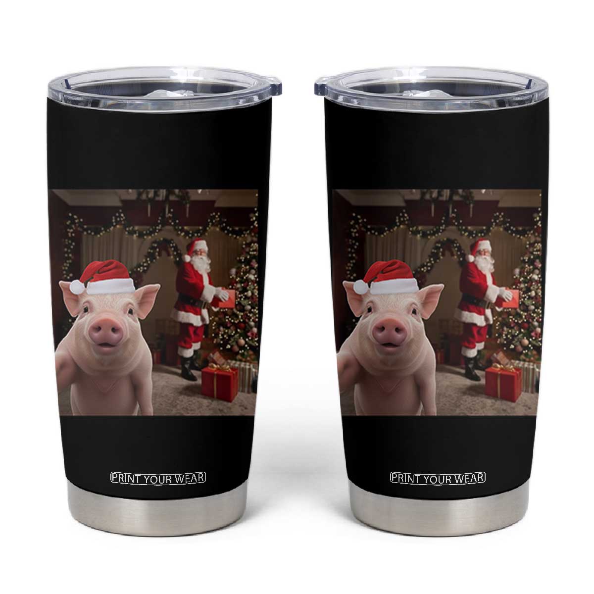 Funny Christmas Pig Selfie With Santa Gift Tumbler Cup TS12 Black Print Your Wear