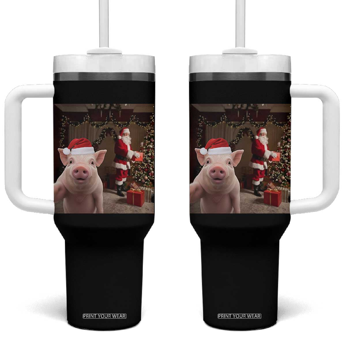 Funny Christmas Pig Selfie With Santa Gift Tumbler With Handle TS12 One Size: 40 oz Black Print Your Wear