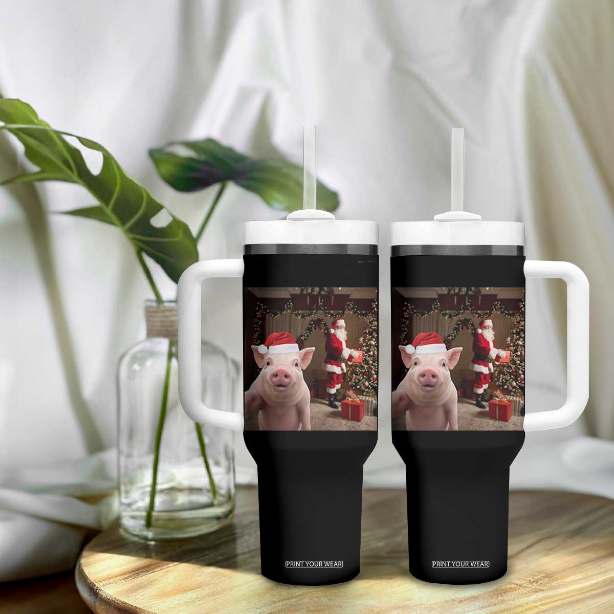Funny Christmas Pig Selfie With Santa Gift Tumbler With Handle TS12 Print Your Wear