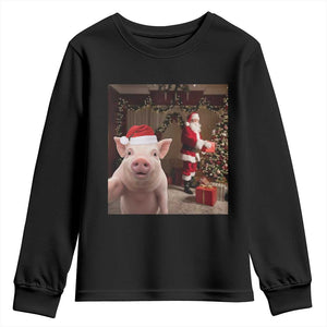Funny Christmas Pig Selfie With Santa Gift Youth Sweatshirt TS12 Black Print Your Wear