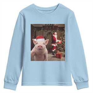 Funny Christmas Pig Selfie With Santa Gift Youth Sweatshirt TS12 Light Blue Print Your Wear
