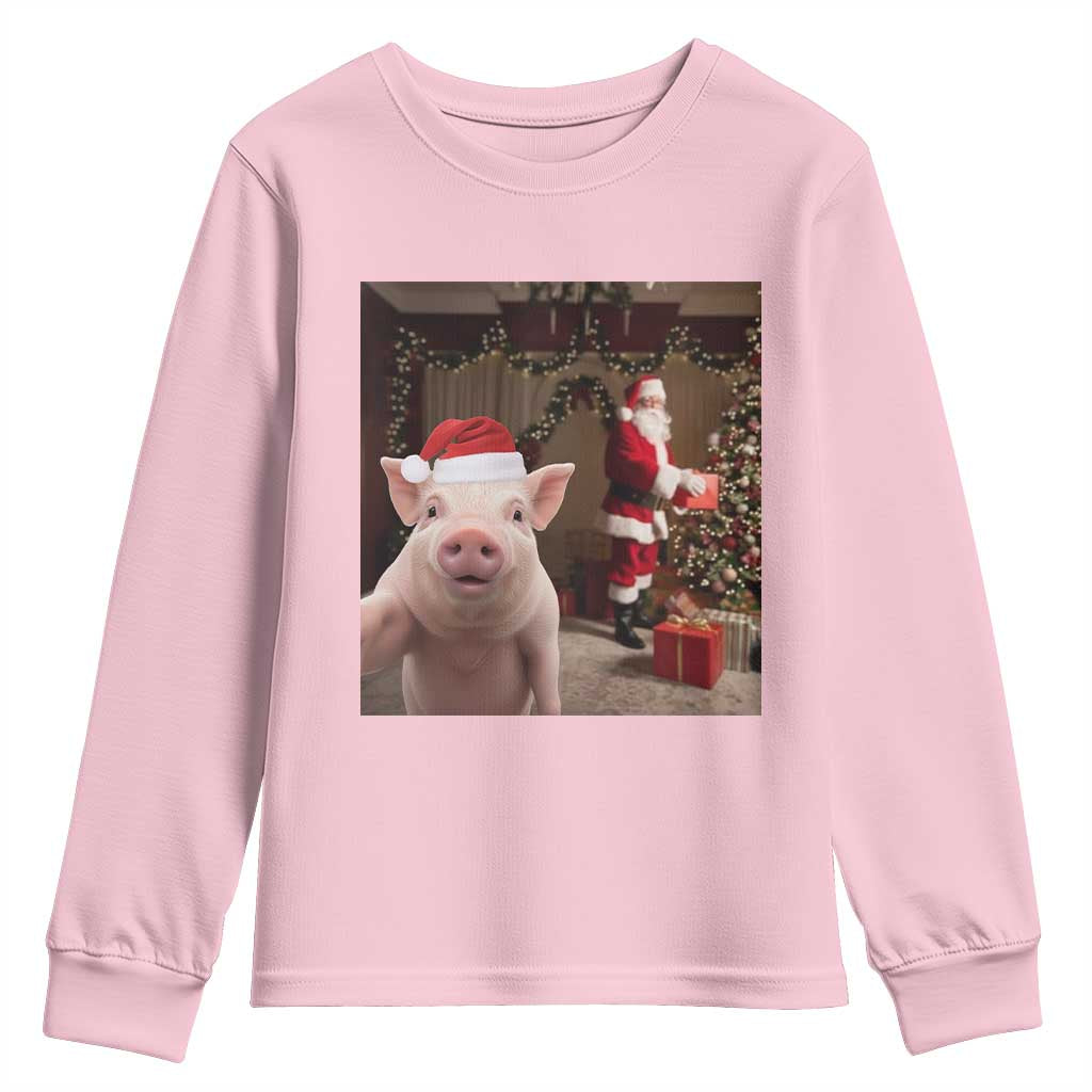 Funny Christmas Pig Selfie With Santa Gift Youth Sweatshirt TS12 Light Pink Print Your Wear