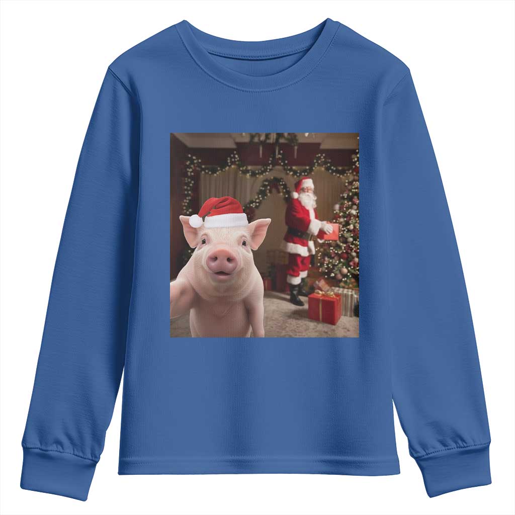 Funny Christmas Pig Selfie With Santa Gift Youth Sweatshirt TS12 Royal Blue Print Your Wear