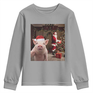 Funny Christmas Pig Selfie With Santa Gift Youth Sweatshirt TS12 Sport Gray Print Your Wear