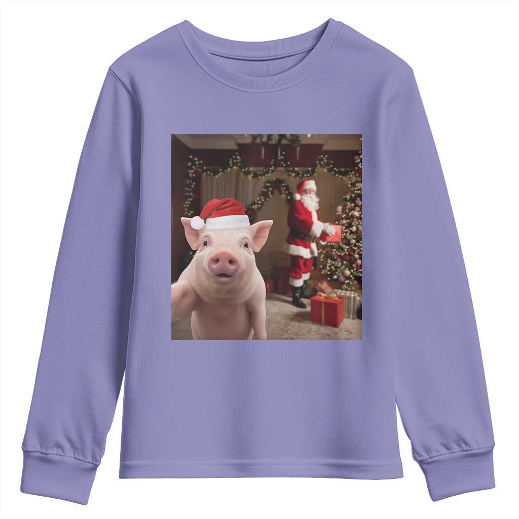 Funny Christmas Pig Selfie With Santa Gift Youth Sweatshirt TS12 Violet Print Your Wear
