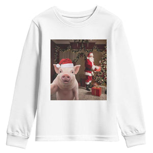 Funny Christmas Pig Selfie With Santa Gift Youth Sweatshirt TS12 White Print Your Wear