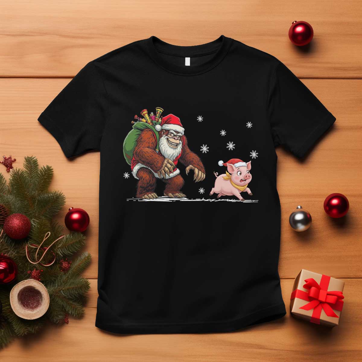 Christmas Cryptid Farm Life Gift T Shirt Funny Bigfoot Chasing Pig TS12 Black Print Your Wear