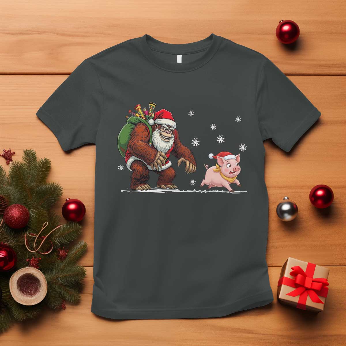 Christmas Cryptid Farm Life Gift T Shirt Funny Bigfoot Chasing Pig TS12 Dark Heather Print Your Wear