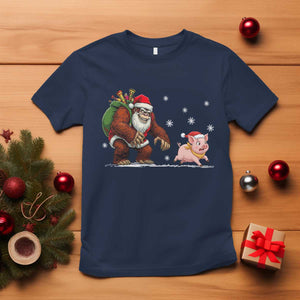 Christmas Cryptid Farm Life Gift T Shirt Funny Bigfoot Chasing Pig TS12 Navy Print Your Wear