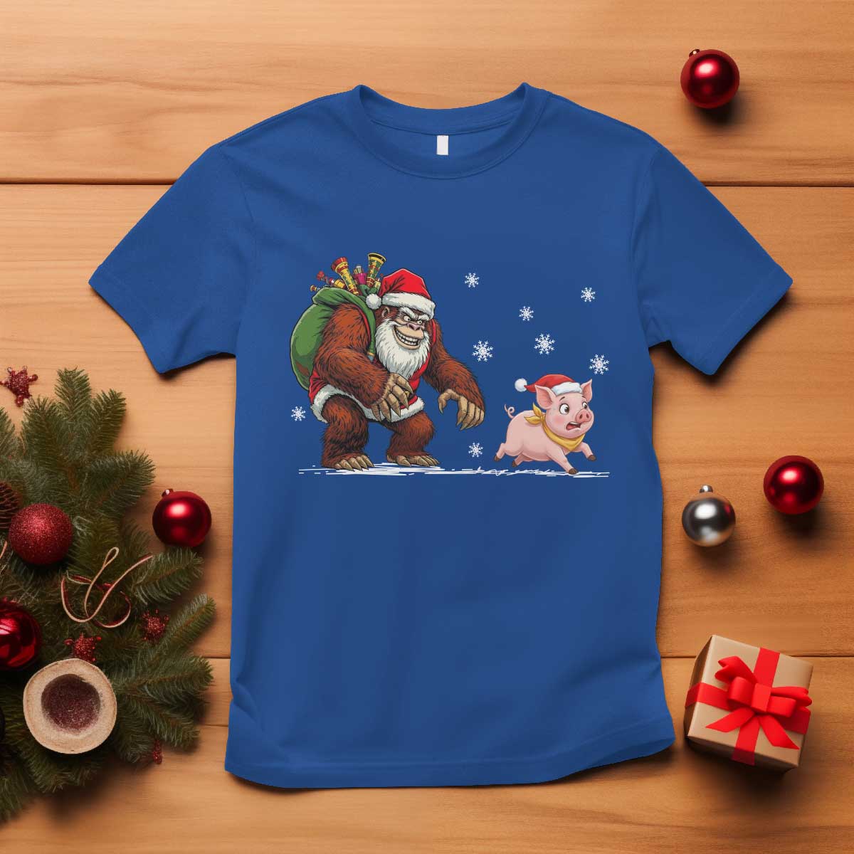 Christmas Cryptid Farm Life Gift T Shirt Funny Bigfoot Chasing Pig TS12 Royal Blue Print Your Wear