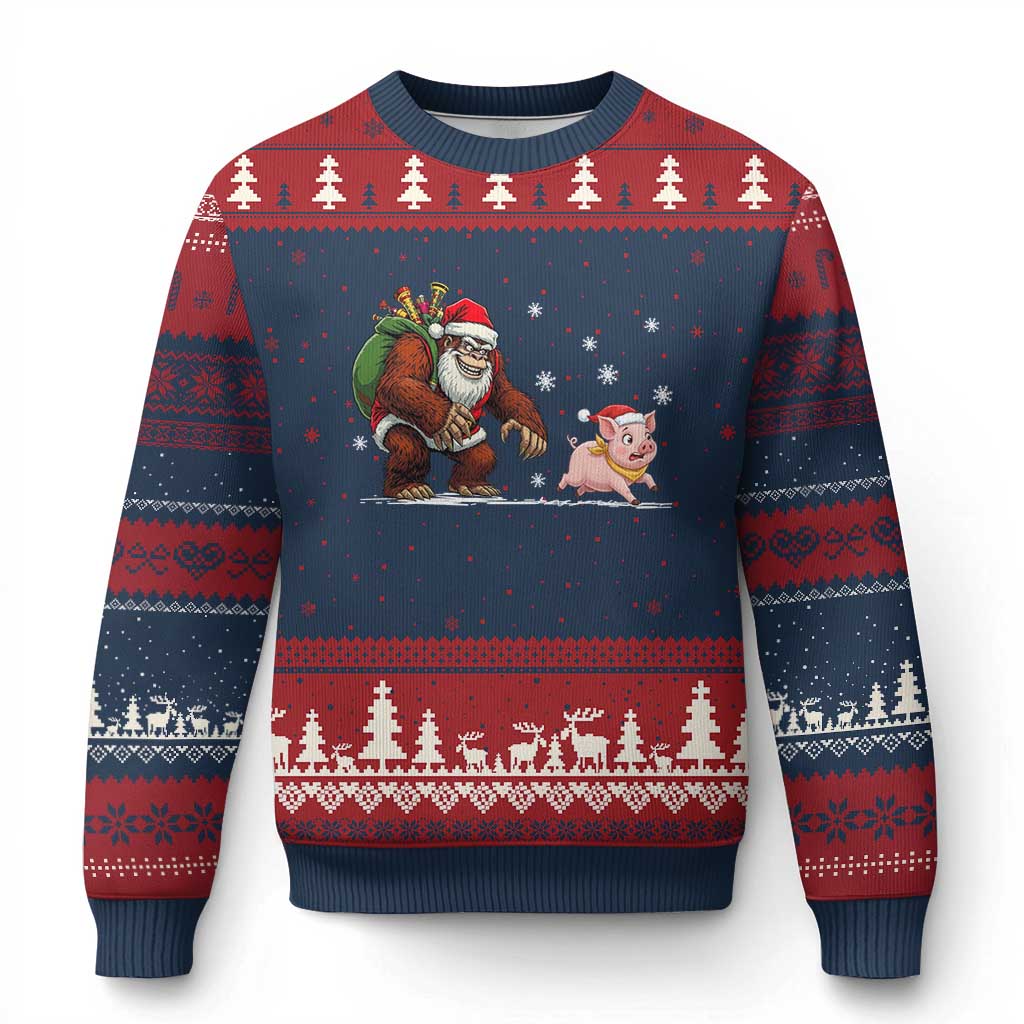 Christmas Cryptid Farm Life Gift Ugly Christmas Sweater Funny Bigfoot Chasing Pig TS12 Navy Red Print Your Wear