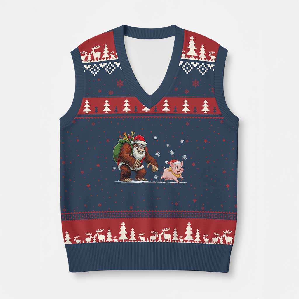 Christmas Cryptid Farm Life Gift V-Neck Knit Sweater Vest Funny Bigfoot Chasing Pig TS12 Navy Red Print Your Wear