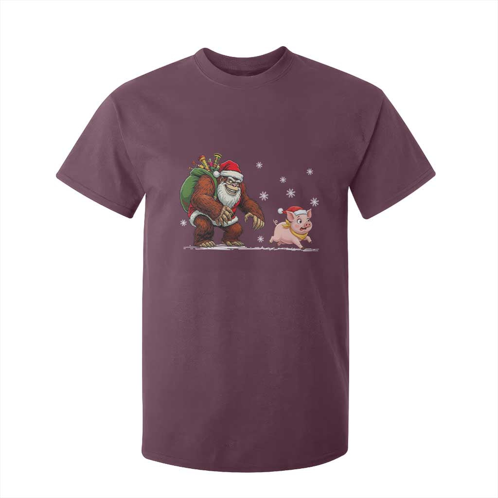Christmas Cryptid Farm Life Gift T Shirt For Kid Funny Bigfoot Chasing Pig TS12 Maroon Print Your Wear