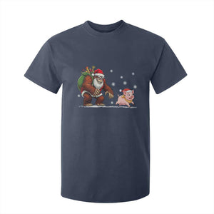 Christmas Cryptid Farm Life Gift T Shirt For Kid Funny Bigfoot Chasing Pig TS12 Navy Print Your Wear