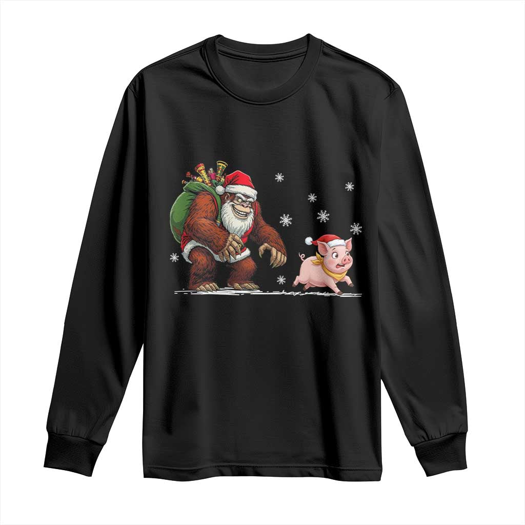 Christmas Cryptid Farm Life Gift Long Sleeve Shirt Funny Bigfoot Chasing Pig TS12 Black Print Your Wear