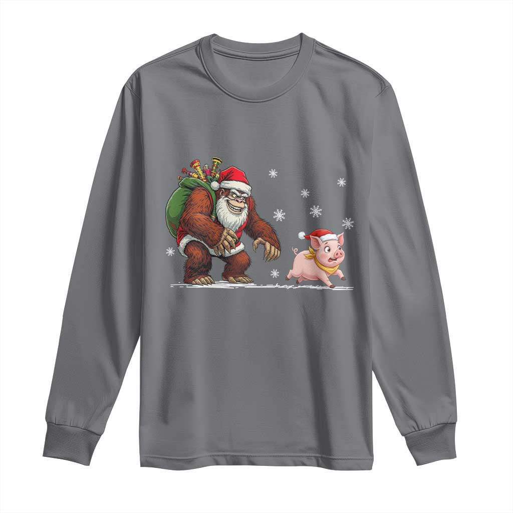 Christmas Cryptid Farm Life Gift Long Sleeve Shirt Funny Bigfoot Chasing Pig TS12 Charcoal Print Your Wear