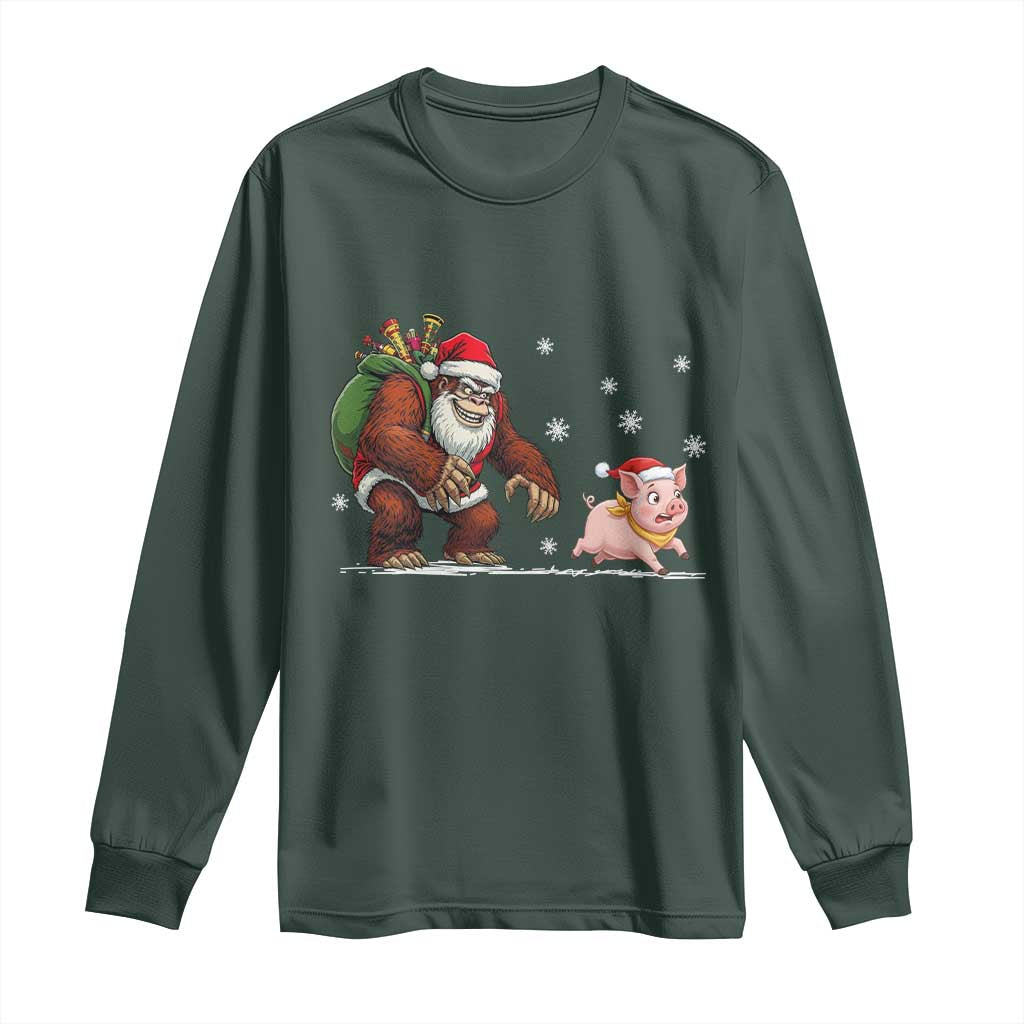 Christmas Cryptid Farm Life Gift Long Sleeve Shirt Funny Bigfoot Chasing Pig TS12 Dark Forest Green Print Your Wear