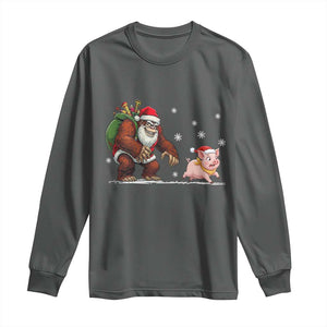 Christmas Cryptid Farm Life Gift Long Sleeve Shirt Funny Bigfoot Chasing Pig TS12 Dark Heather Print Your Wear