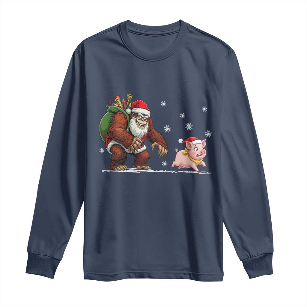 Christmas Cryptid Farm Life Gift Long Sleeve Shirt Funny Bigfoot Chasing Pig TS12 Navy Print Your Wear