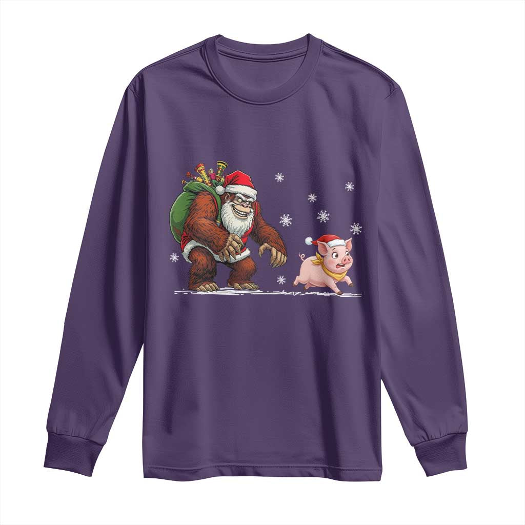 Christmas Cryptid Farm Life Gift Long Sleeve Shirt Funny Bigfoot Chasing Pig TS12 Purple Print Your Wear
