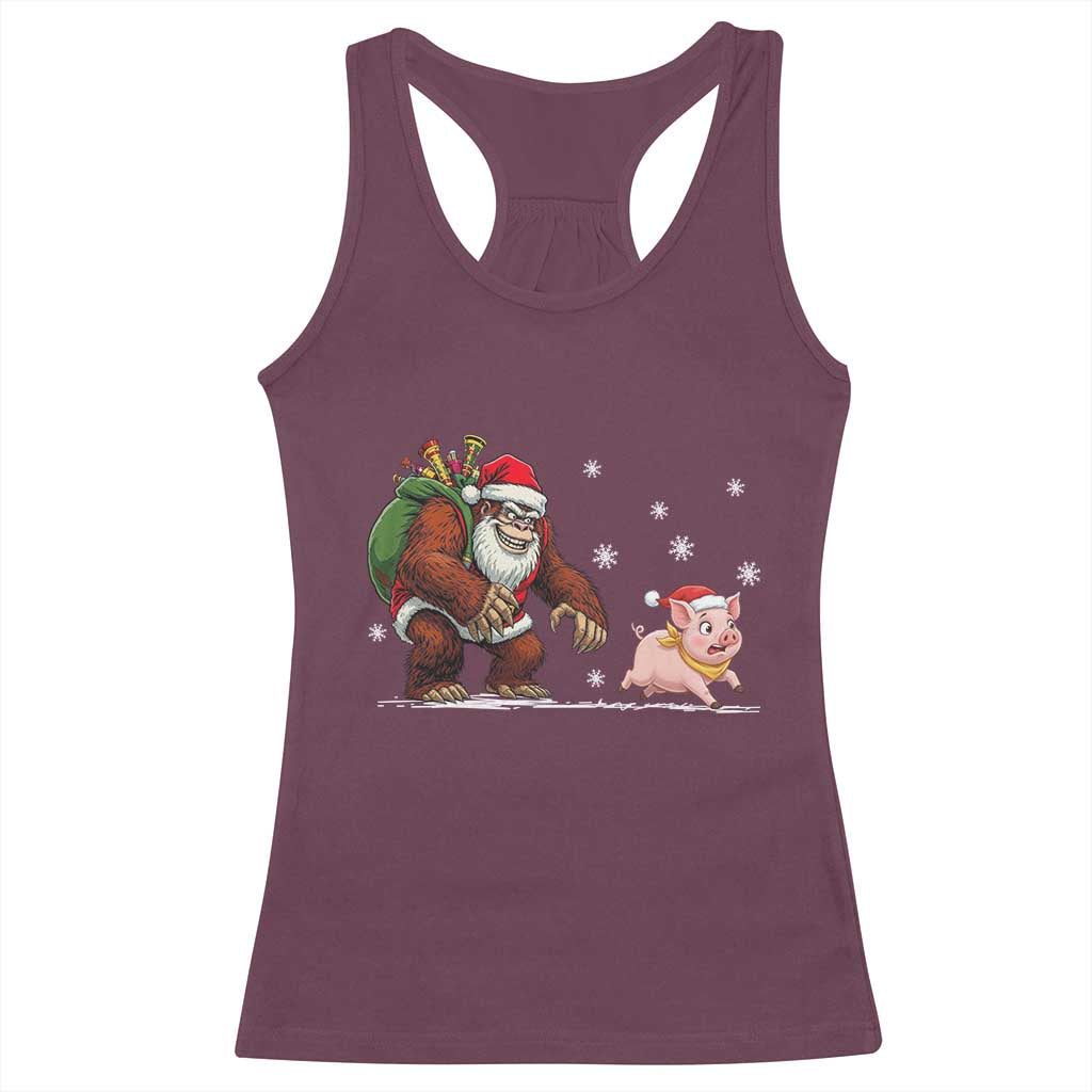 Christmas Cryptid Farm Life Gift Racerback Tank Top Funny Bigfoot Chasing Pig TS12 Maroon Print Your Wear