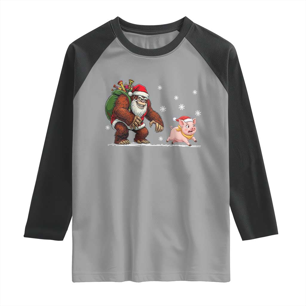 Christmas Cryptid Farm Life Gift Raglan Shirt Funny Bigfoot Chasing Pig TS12 Sport Gray Black Print Your Wear