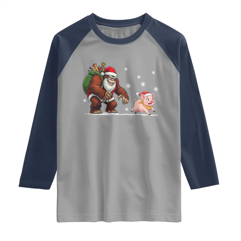 Christmas Cryptid Farm Life Gift Raglan Shirt Funny Bigfoot Chasing Pig TS12 Sport Gray Navy Print Your Wear